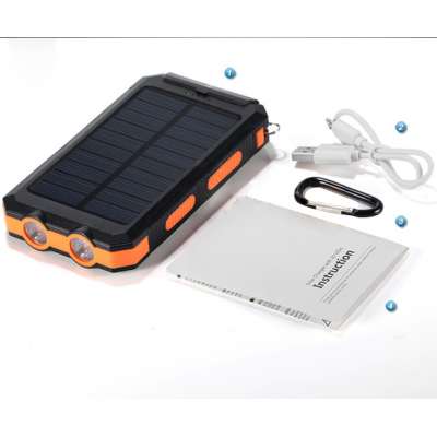 2017 Popular 10000mAh waterproof solar power bank Dual USB Solar Charger with torch and hang-ring for mobile phone