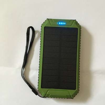 Factory Price 10000mAh Dual USB green housing Solar Charger with camp light and sling for mobile phone